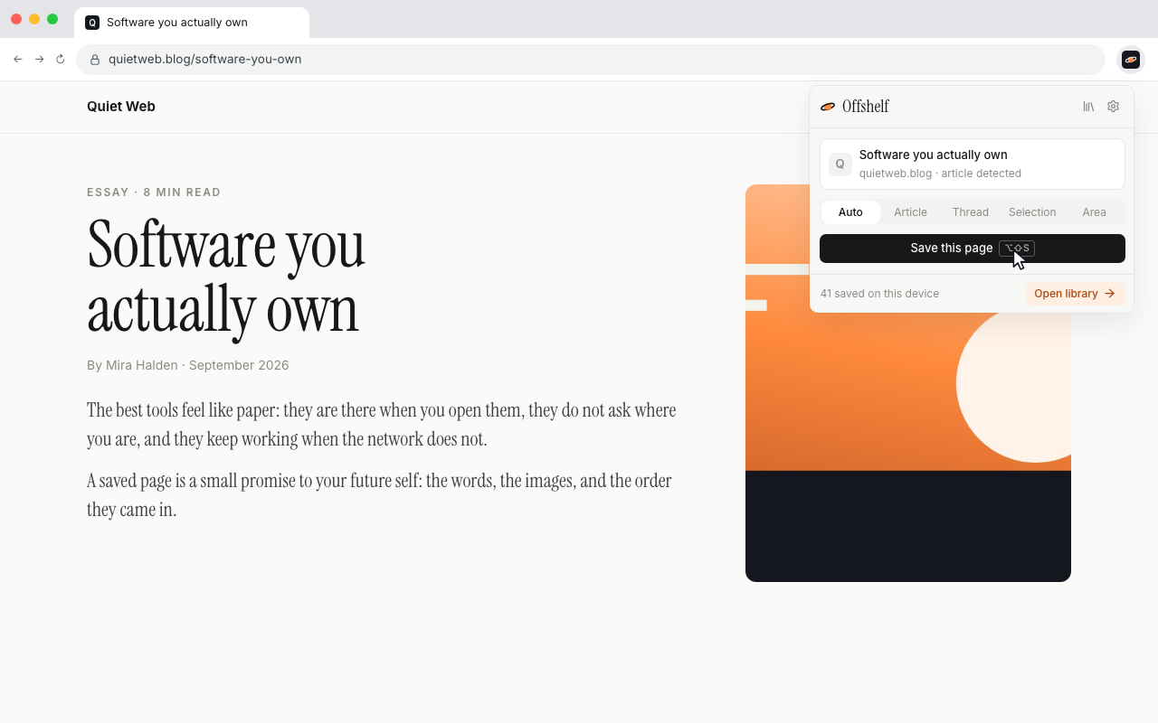 The Offshelf popup saving an article