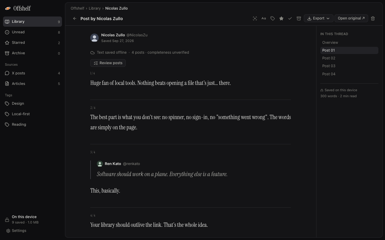 An X thread in the Offshelf reader, dark mode